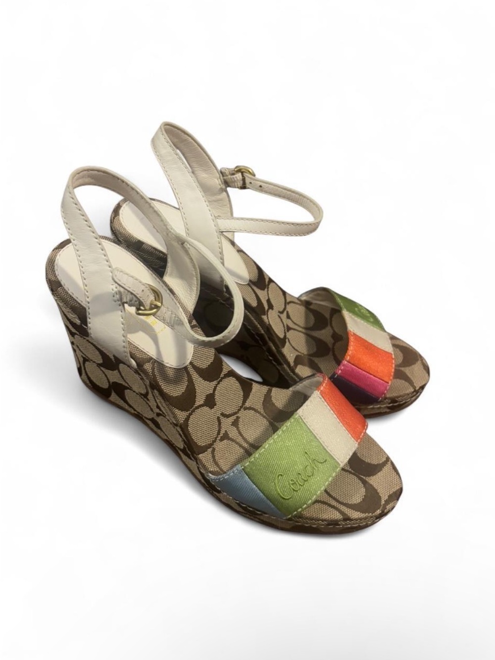 Coach Multicolor Signature Canvas Wedge Sandals - Cream, Brown & Rainbow